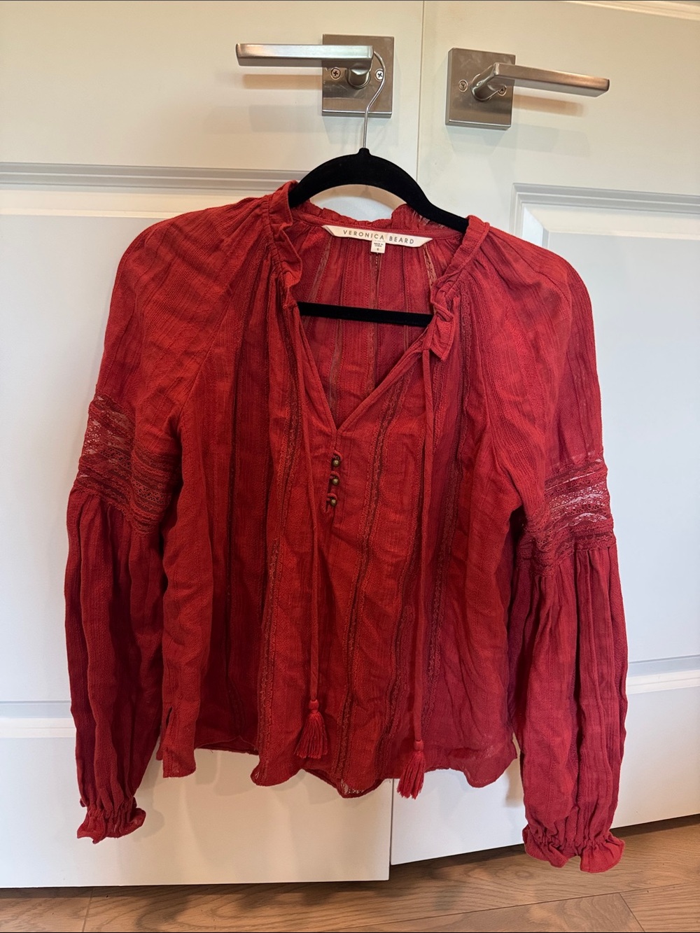 Veronica Beard Red Tassel Peasant Blouse